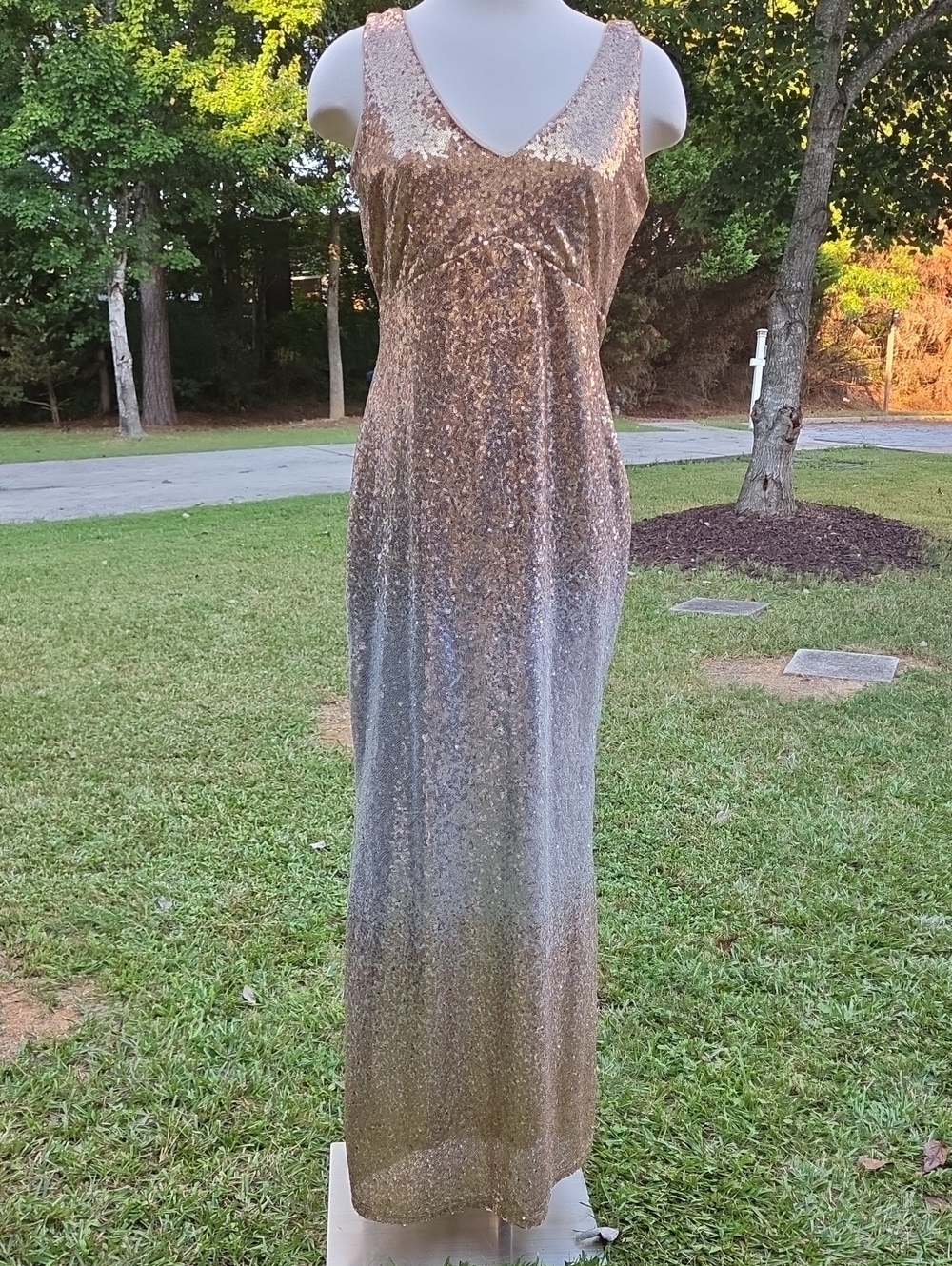 MARINA Gold to Silver Ombre Sequin V-Neck Gown